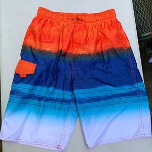 First Wave Boys Swim Trunks in stripes bright orange & shades of blue